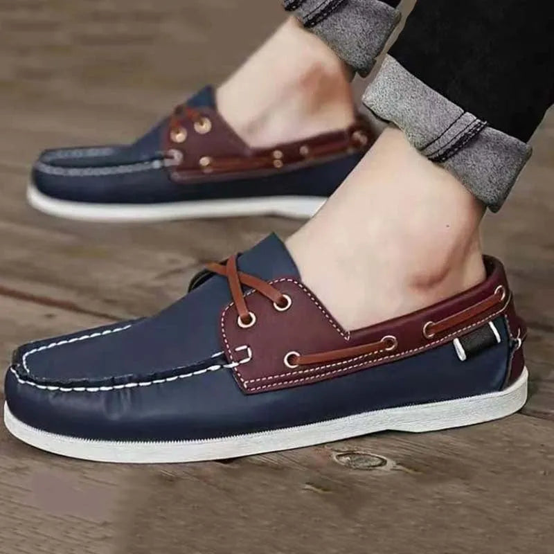 Men's black British-style casual shoes with round toe and artificial PU upper