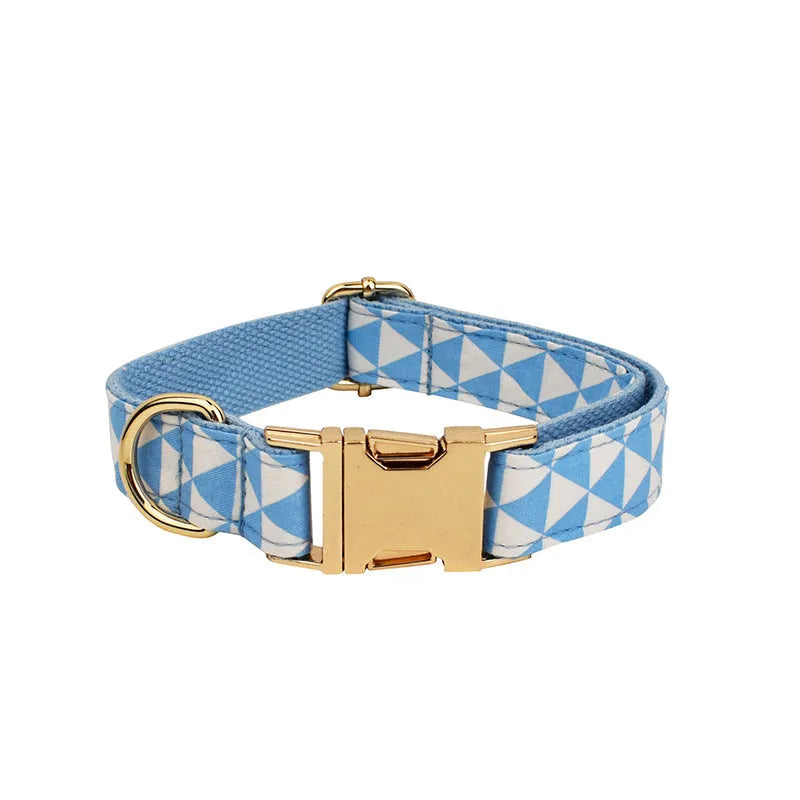 Blue triangular ring dog collar leash bow vest four-piece set on cloth material with size options XS to XL