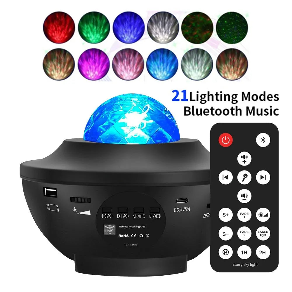 Black USB Bluetooth starry sky projection lamp with rotating water ripple laser effects on desktop