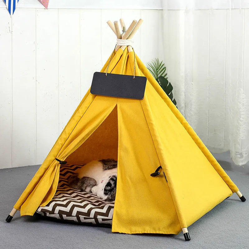 Striped flax and linen pet teepee tent with cushion for small dogs cats rabbits