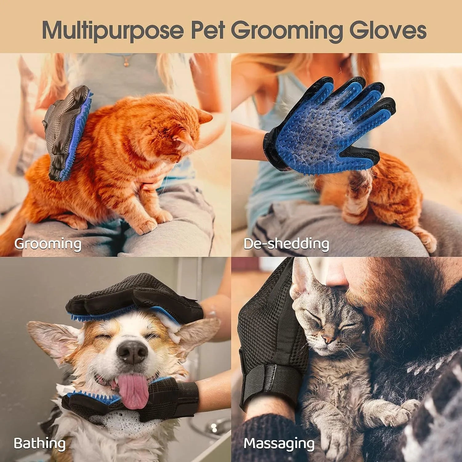 Blue pet grooming gloves with silicone tips for cat and dog hair removal