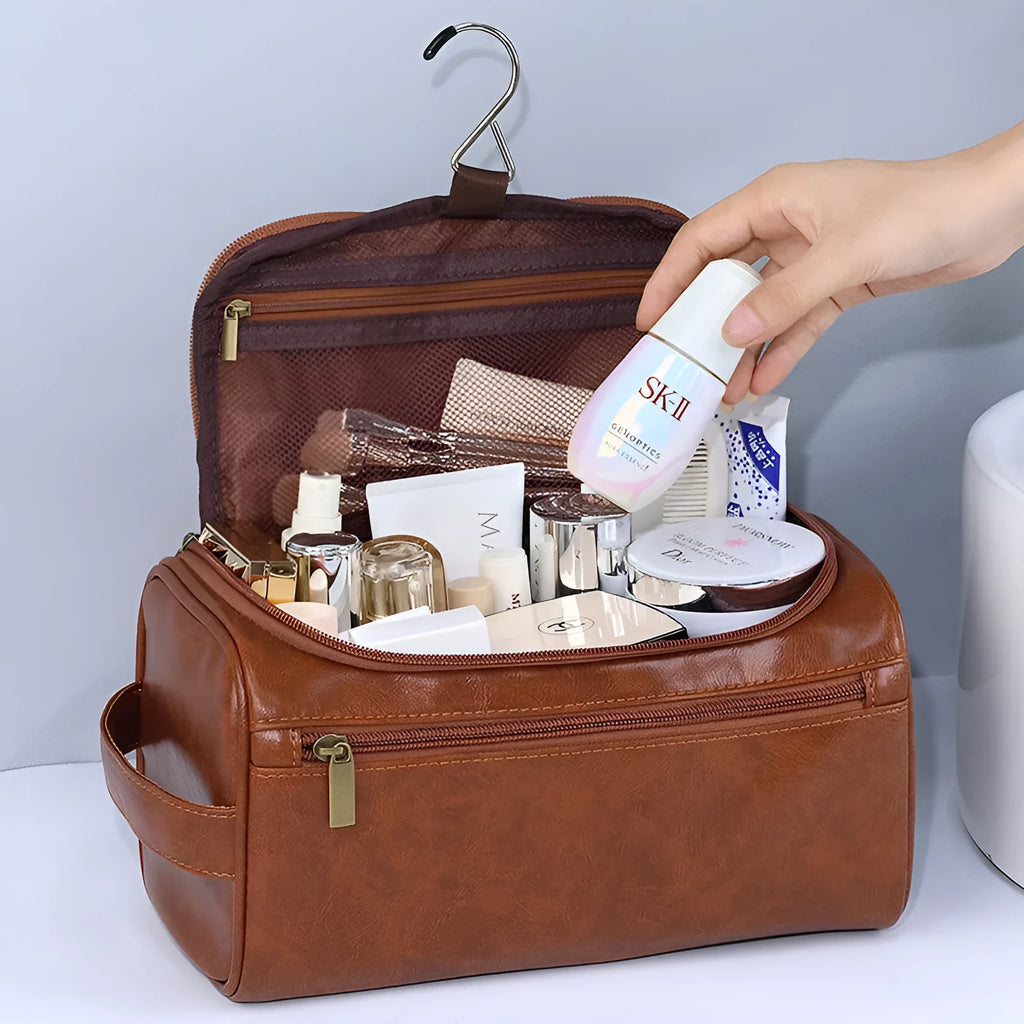 Large capacity waterproof cosmetic storage bag in retro style with PU leather construction
