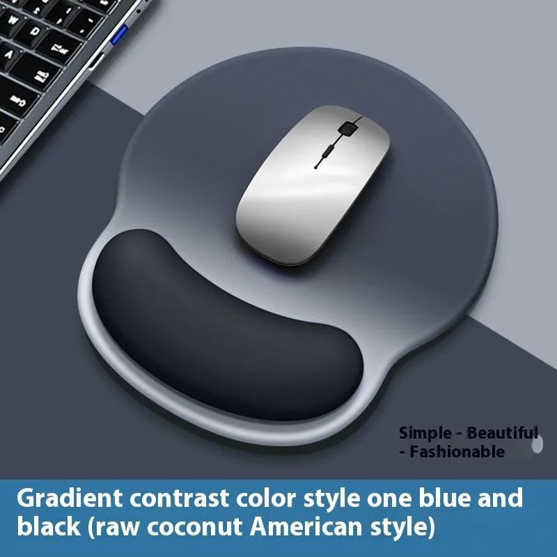 Silicone mouse mat with integrated wrist rest in a gradient blue-black colour, dimensions 220mm by 250mm.