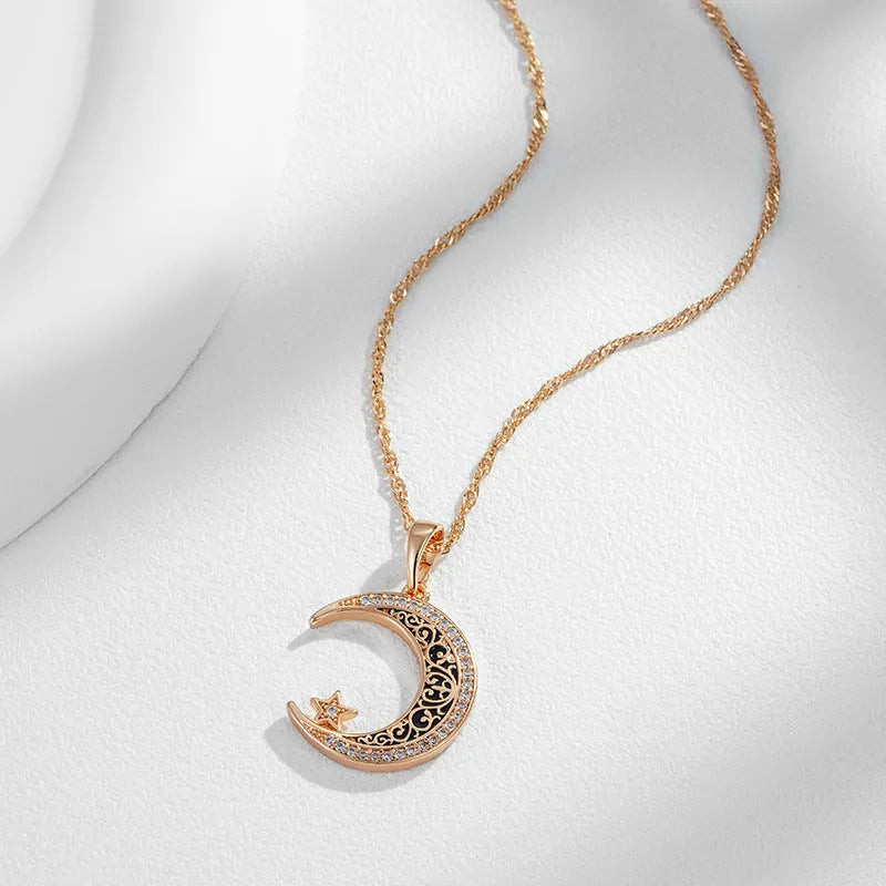 Rose gold star moon enamel zircon pendant necklace with adjustable water wave chain on display