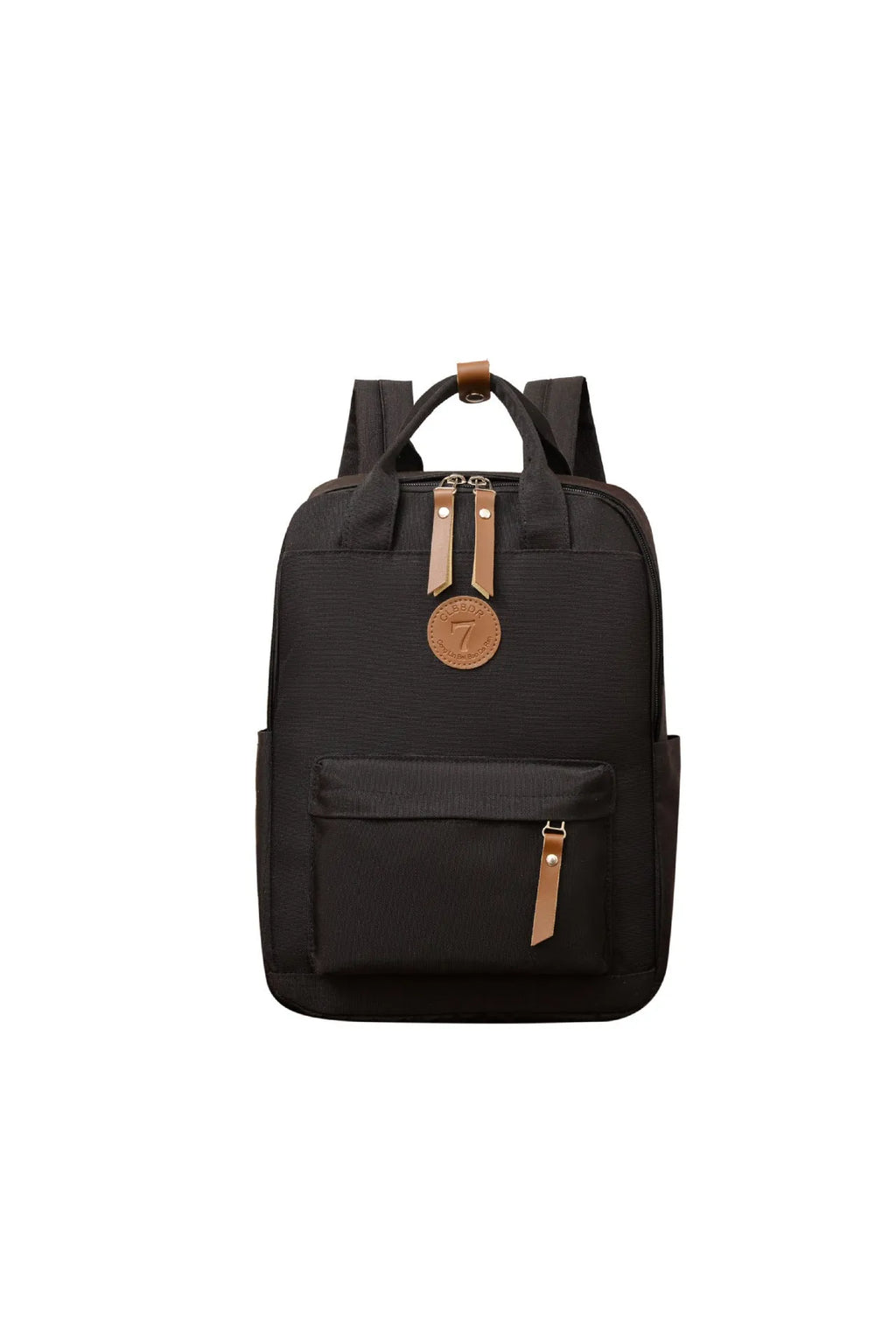 Black fashion backpack made of Oxford cloth with curved shoulder strap and retro stitching for school and travel