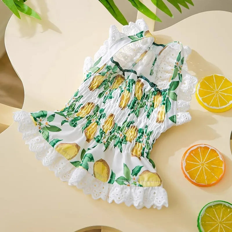 Dog clothes thin breathable strap skirt in rock yellow lemon, polyester, princess style for small dogs