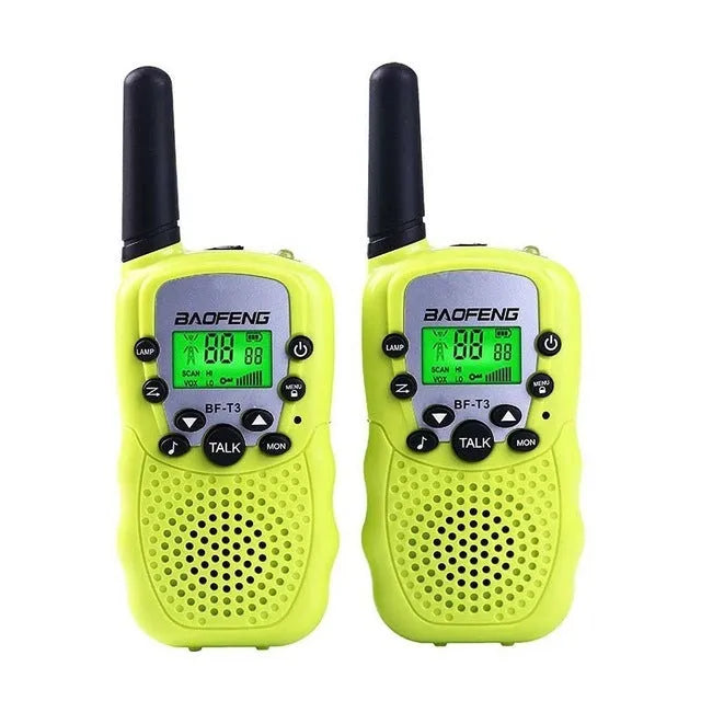 Children's walkie talkie set showing two handheld radios in different colours with channel display