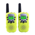 Children's walkie talkie set showing two handheld radios in different colours with channel display