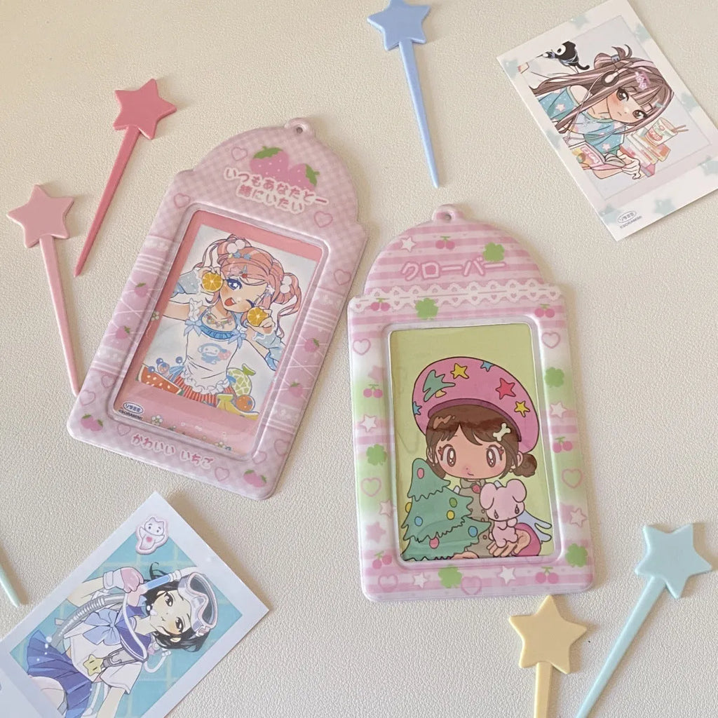 PVC cartoon meal card holder in strawberry or four-leaf clover design, 7.6 by 13.6 cm.