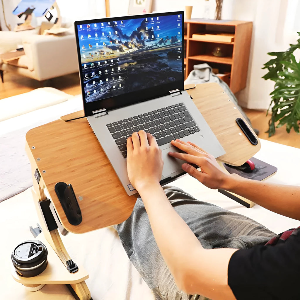 Wooden folding laptop bed desk in modern style shown at an adjustable angle.