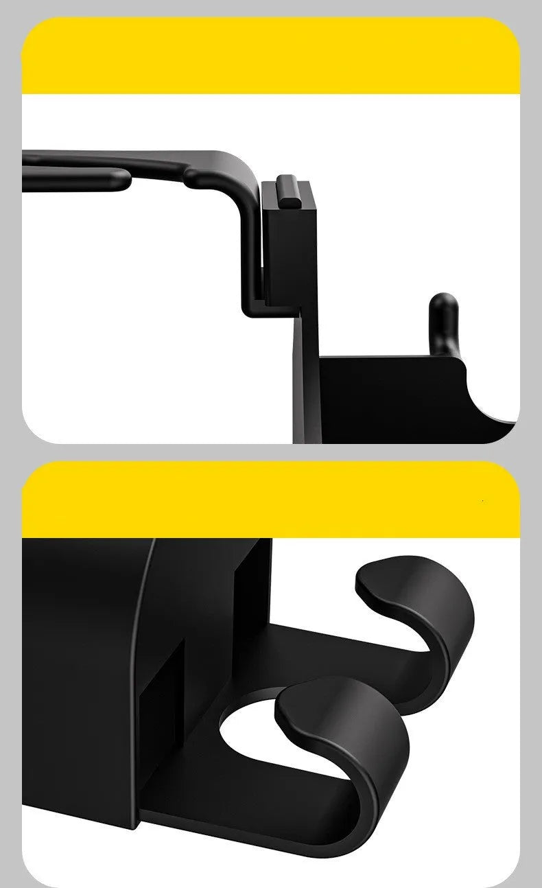 Black plastic car seat back organiser with a cup holder and a hook.