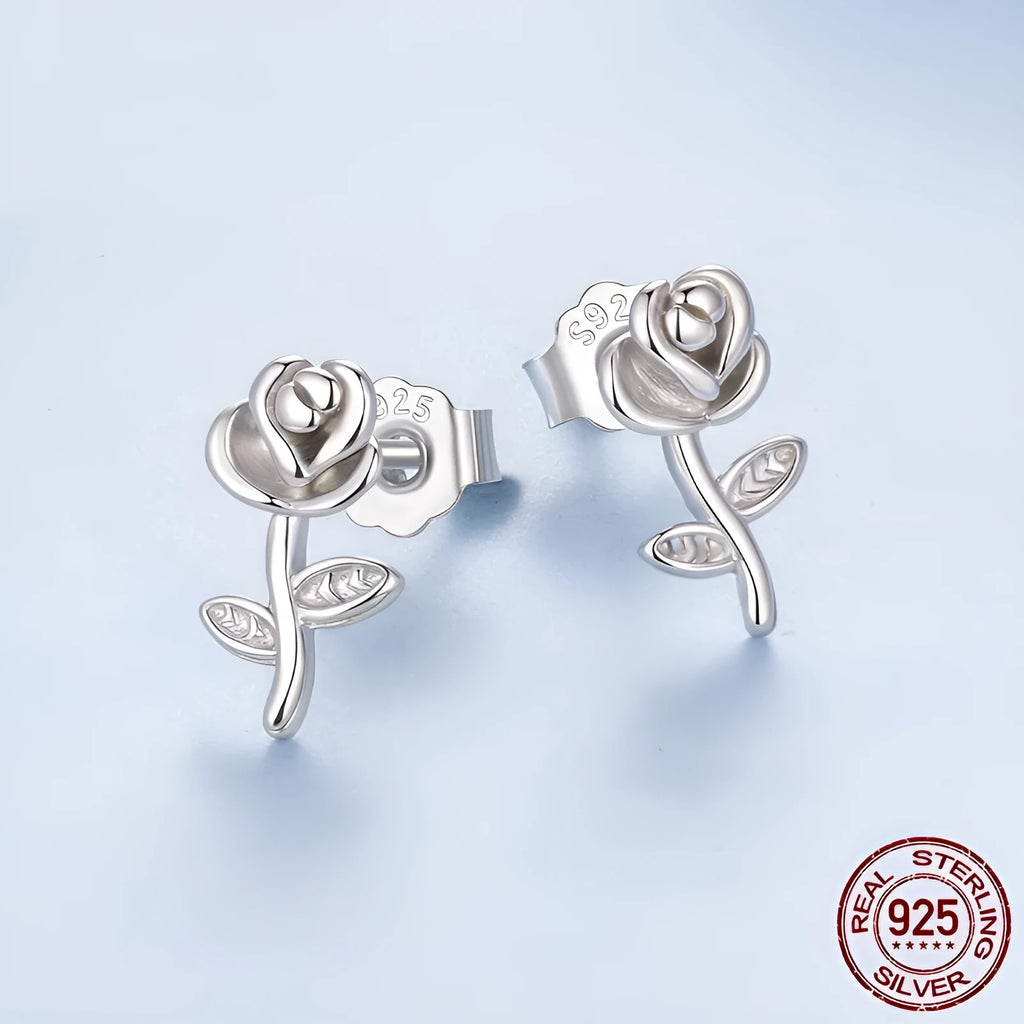 Three-dimensional rose stud earrings in S925 sterling silver, colour BSE1246, fairy style floral design