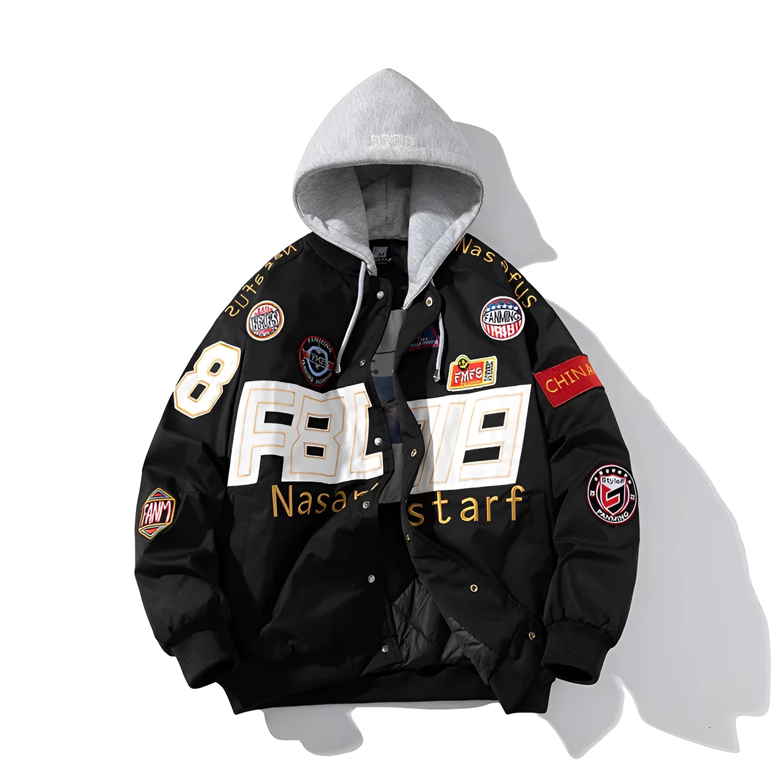 Motorcycle baseball uniform jacket in black with removable hood and side seam pockets