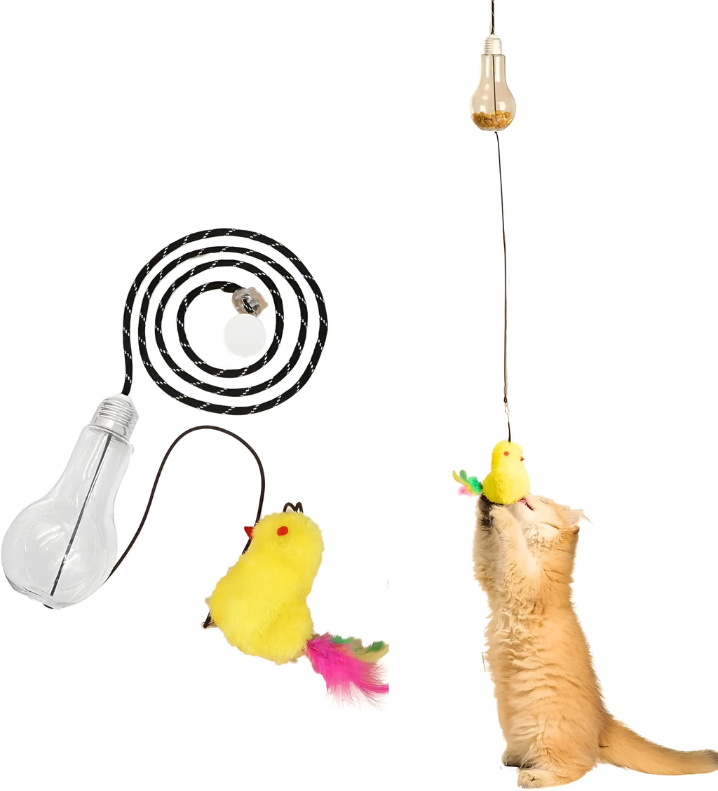Creative interactive cat toy hanging on door frame with gray and yellow colour options, elastic rope, and treat dispensing bulb