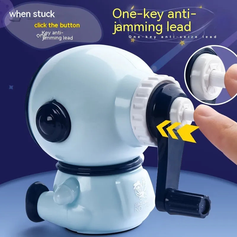 Astronaut cartoon pencil sharpener in blue or pink with anti-jam function and adjustable sharpening levels