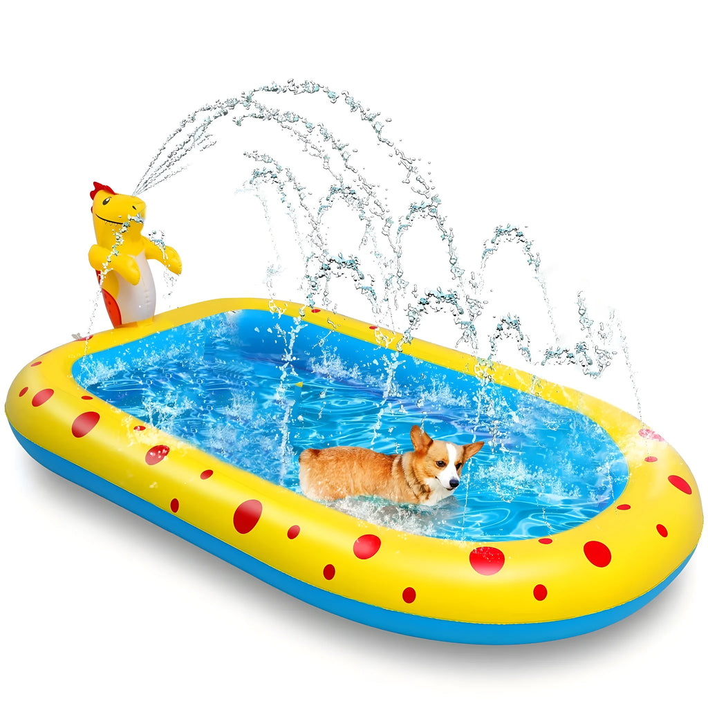 Blue dinosaur-shaped inflatable water spray pool with shark toy inside, placed on garden grass