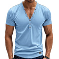 Men's loose solid-colour V-neck sports pullover with button details on a mannequin