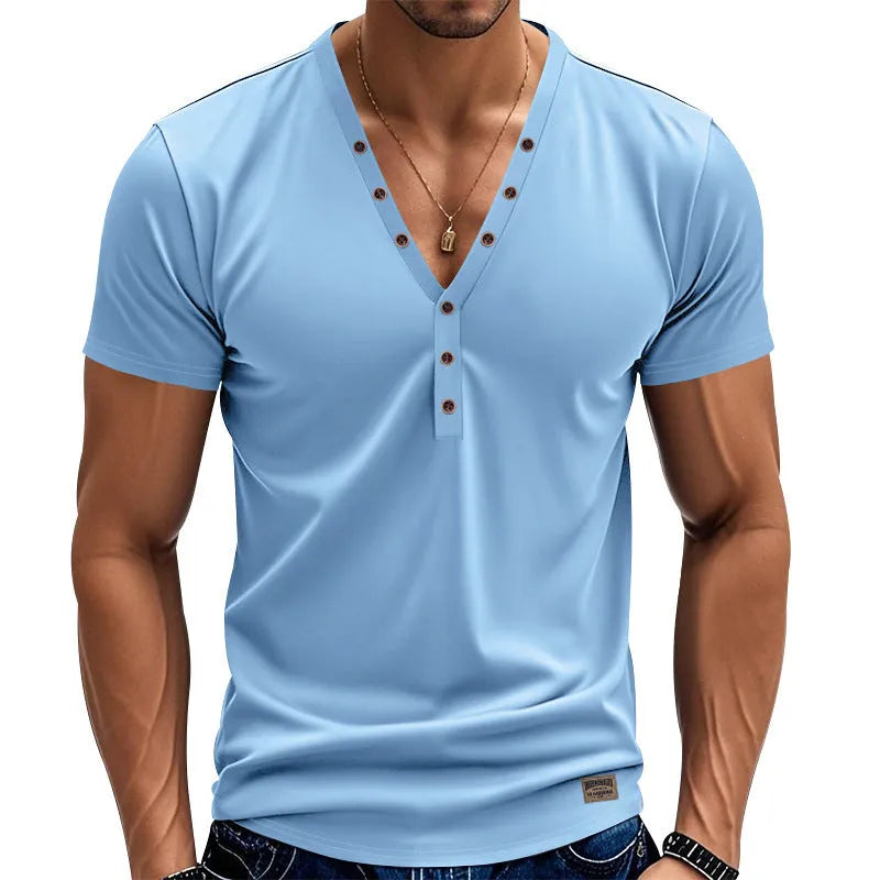 Men's loose solid-colour V-neck sports pullover with button details on a mannequin