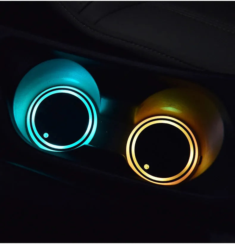 LED light-up coaster for car cup holder with seven colour changing modes and USB charging cable