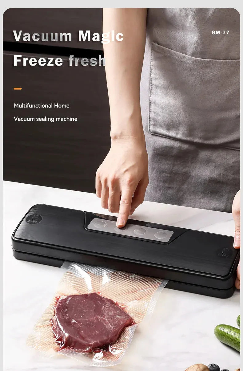 White automatic vacuum sealer machine for household food preservation on a kitchen counter.