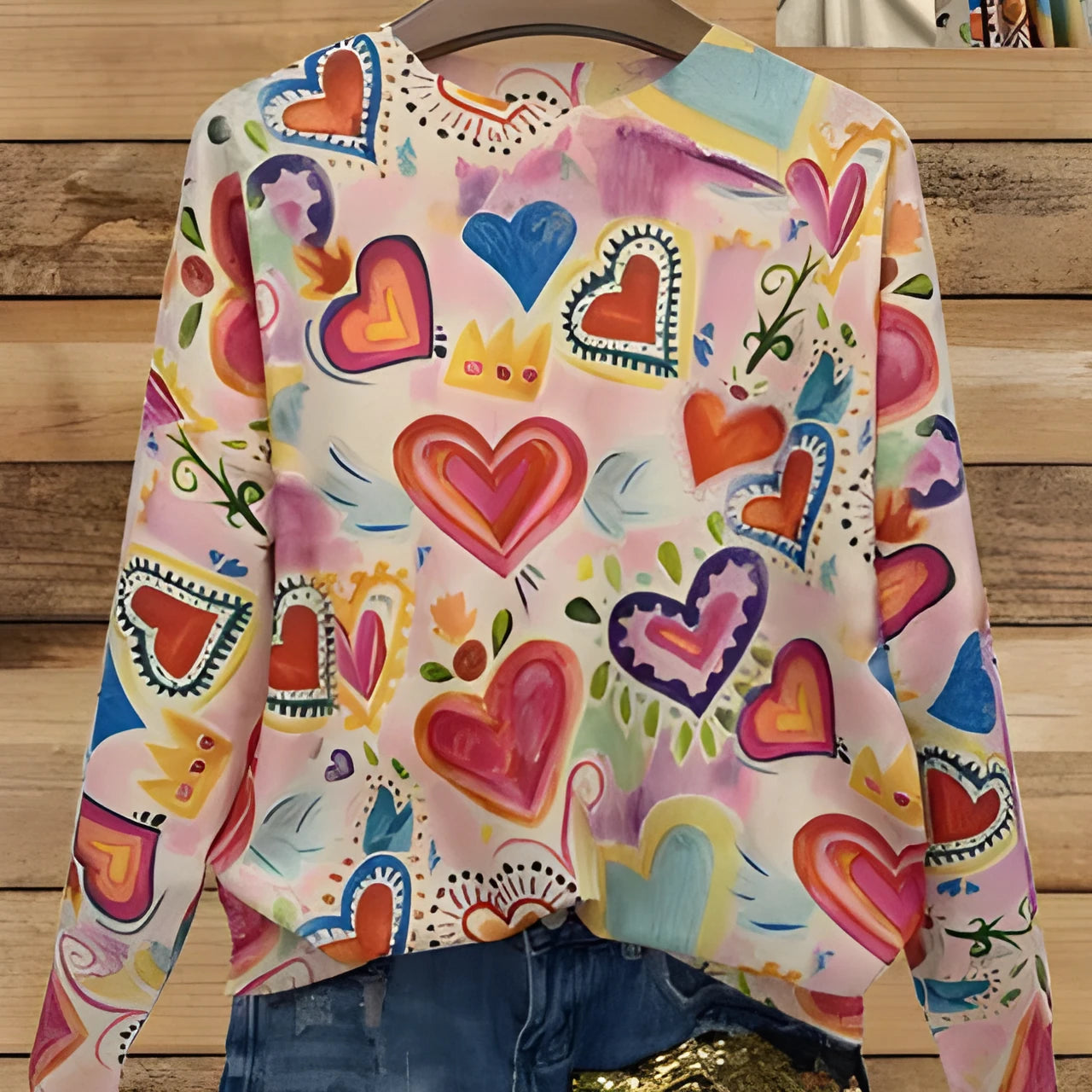 Loose fit digital printed casual top with lapel collar, available in multiple sizes.