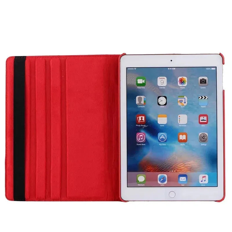 iPad rotating protective sleeve in imitation leather clamshell design showing rotation function and solid colour options