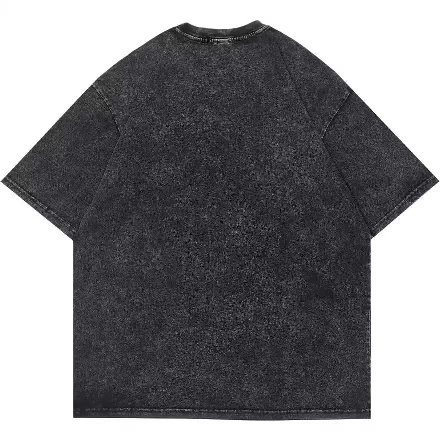 Men's loose black cotton t-shirt with a cartoon print on the front, short sleeve pullover style.