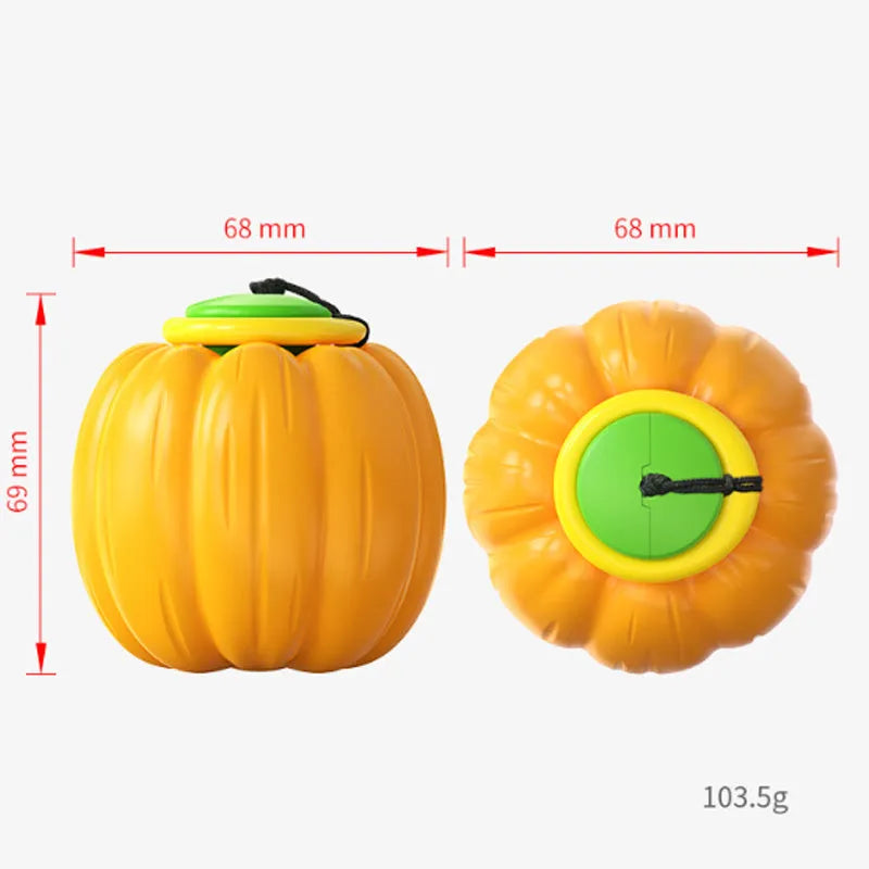 Green plastic squeaky pumpkin dog chew ball toy for small dogs measuring 68mm