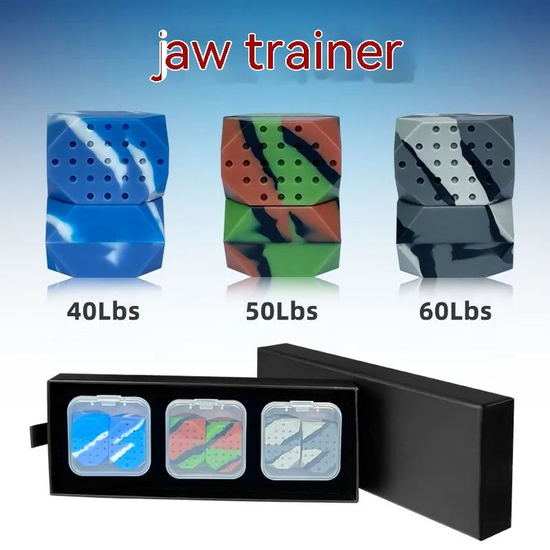 Two camouflage-pattern silicone jawline trainer balls in a transparent box.