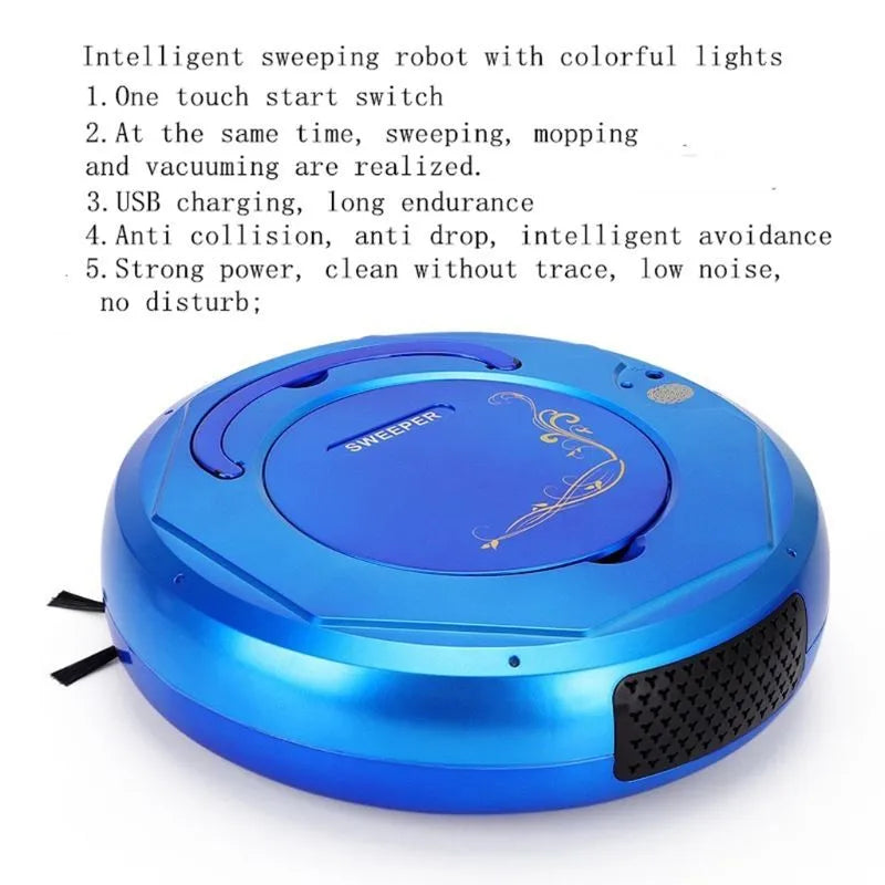 Blue robotic floor cleaning vacuum cleaner on a wooden floor.