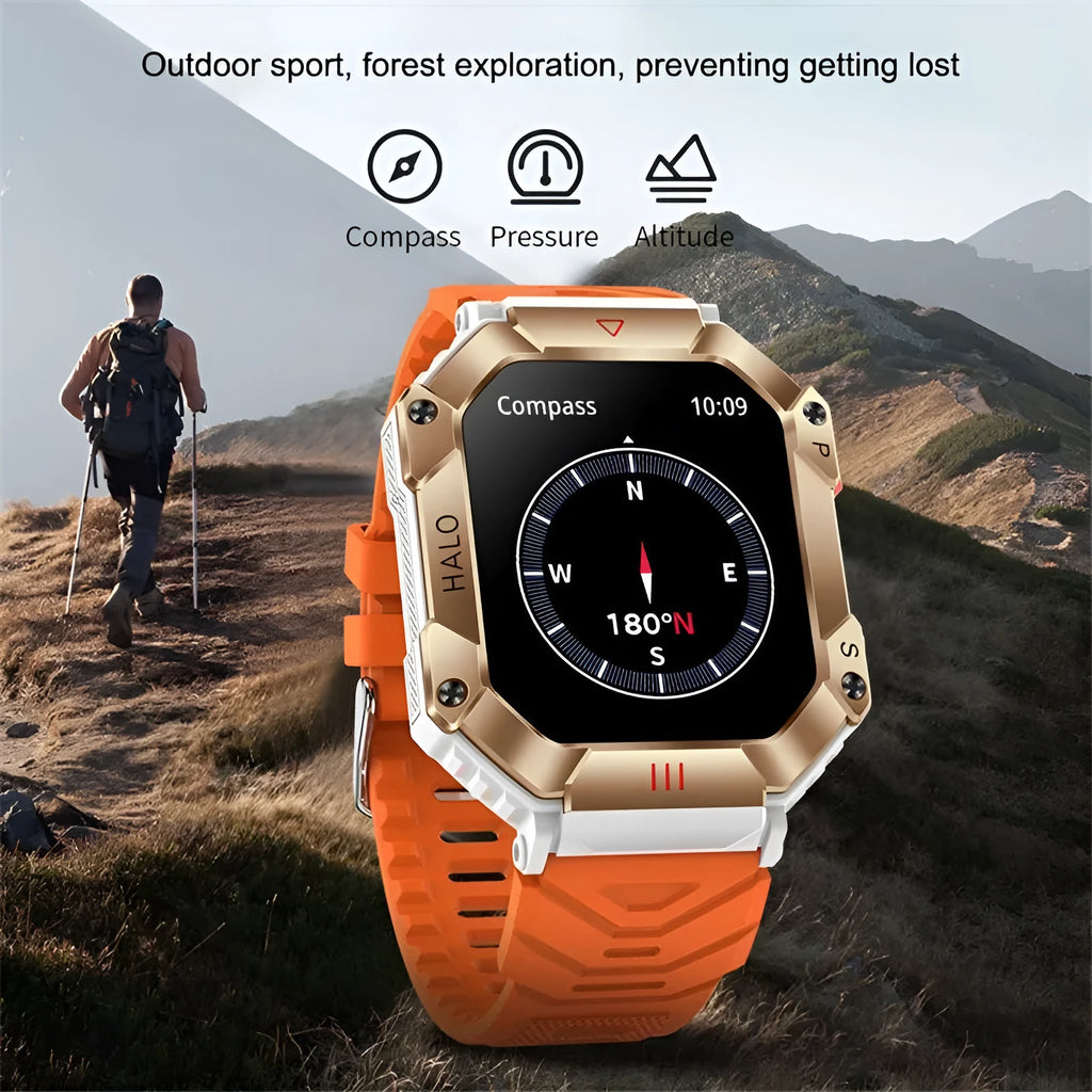 Women's Android smart watch with GPS, Bluetooth call, on wrist showing black camouflage strap.