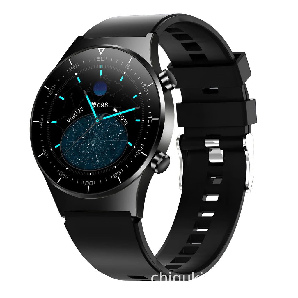 Black TPU smart watch with 1.3-inch touchscreen displaying heart rate and activity metrics