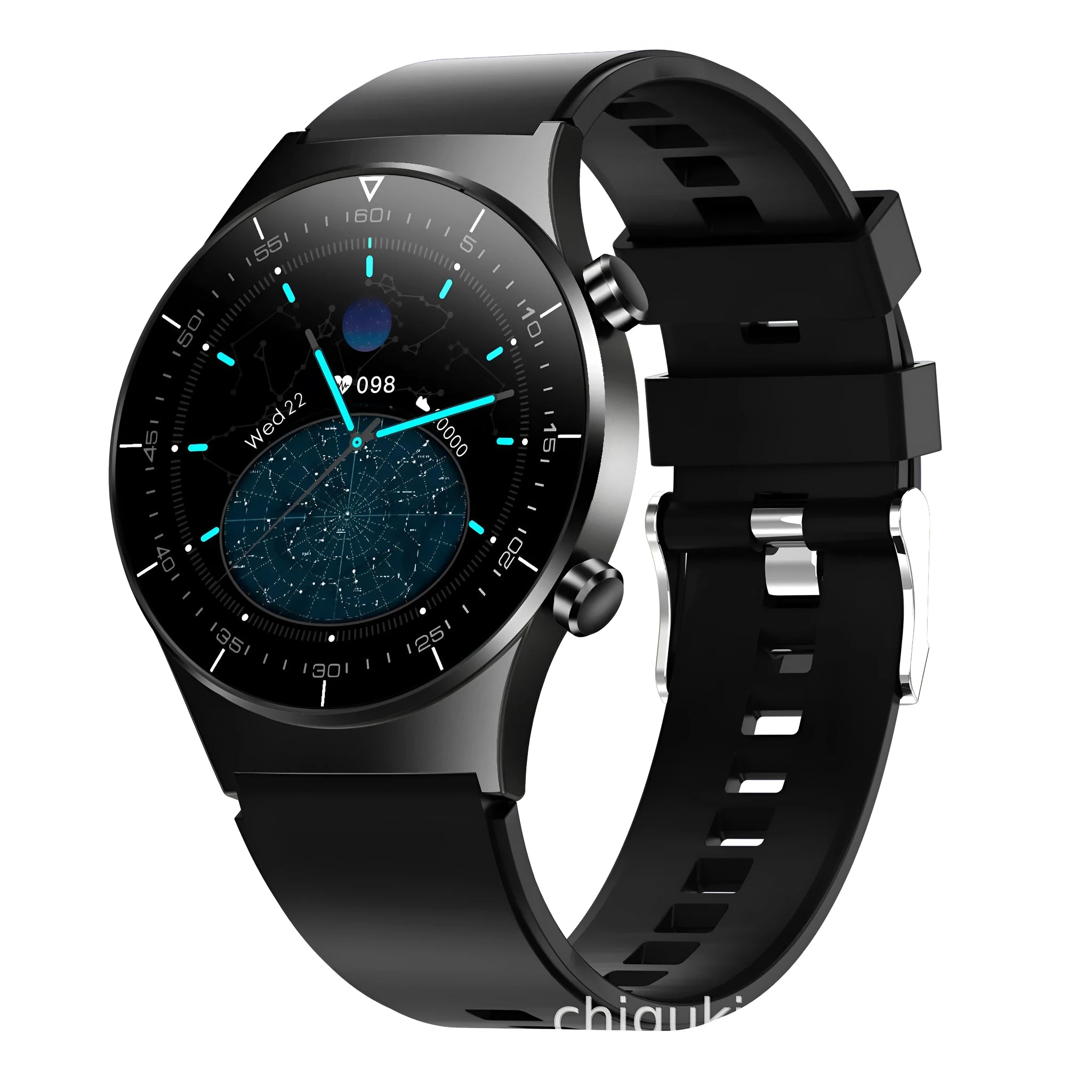 Black TPU smart watch with 1.3-inch touchscreen displaying heart rate and activity metrics