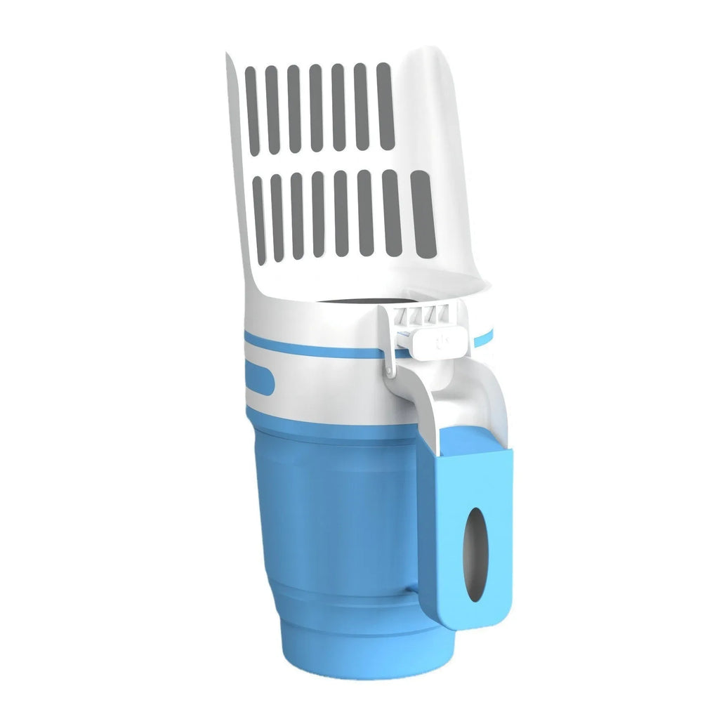 Grey cat litter scoop with sheltered waste lid and foldable bottom next to refill bags