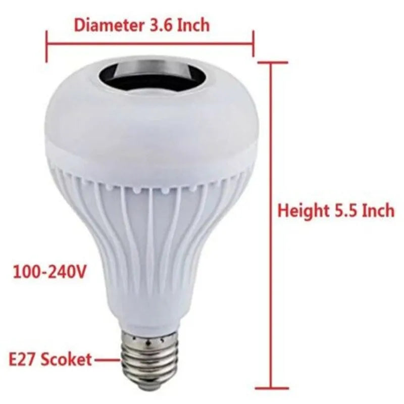 White smart LED bulb with E27 base featuring built-in Bluetooth speaker and remote control for 16 colour lighting.