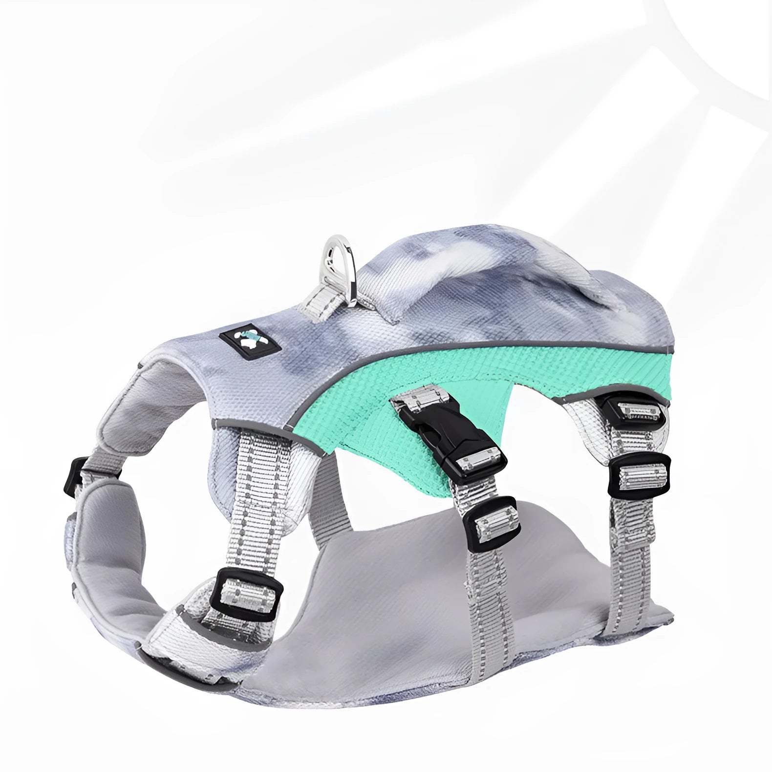 Reflective light blue dog cooling chest strap harness with metal chain ring.