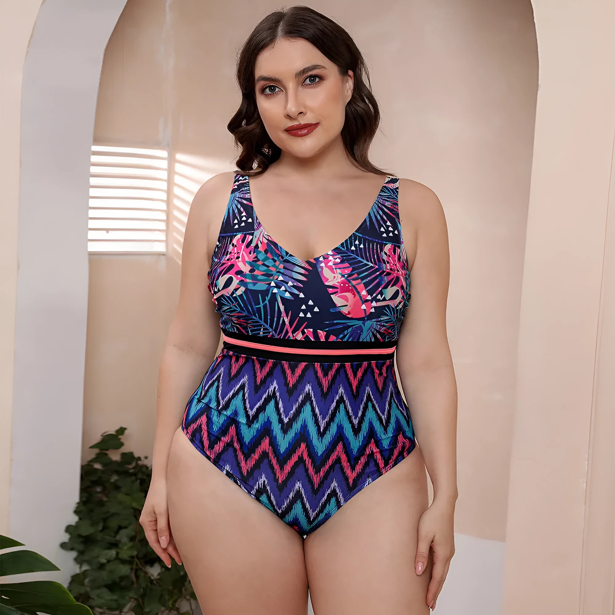 Women's blue striped one-piece vest swimsuit with spaghetti straps on a mannequin.