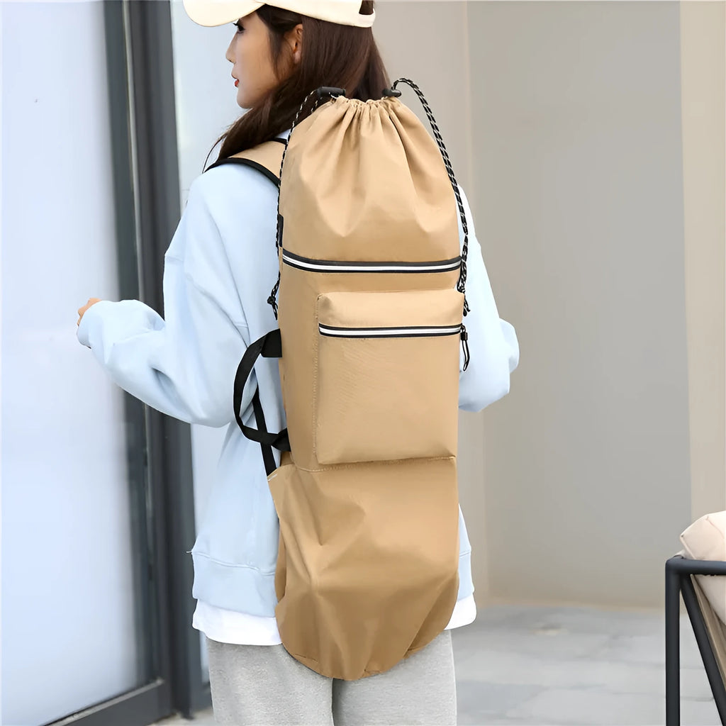 Waterproof nylon skate bag in camouflage colours with skateboard and fishing rod compartments