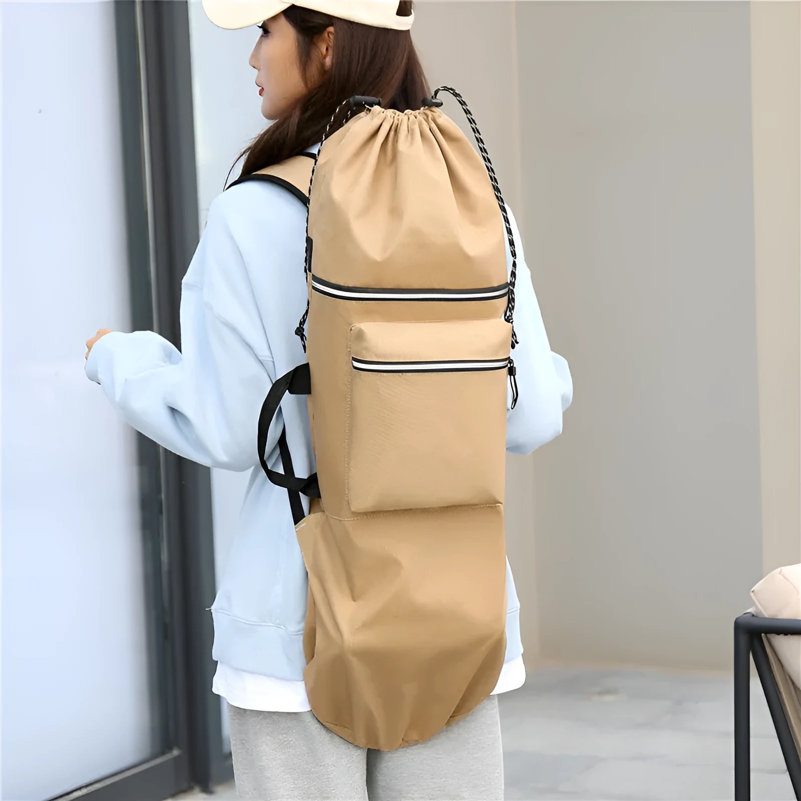 Waterproof nylon skate bag in camouflage colours with skateboard and fishing rod compartments