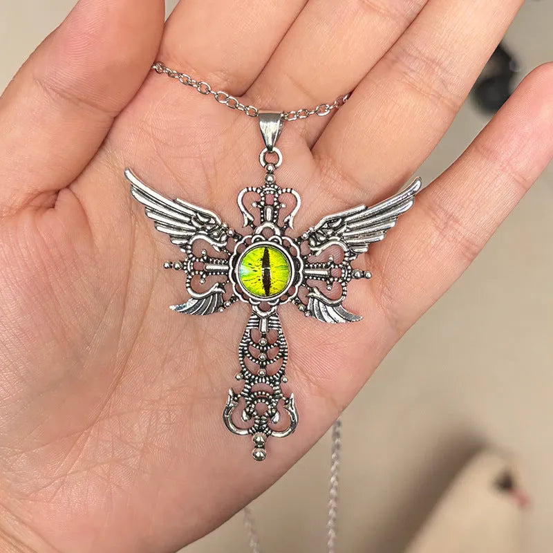 Alloy devil wings cross pendant necklace in geometric shape showing blue colour option