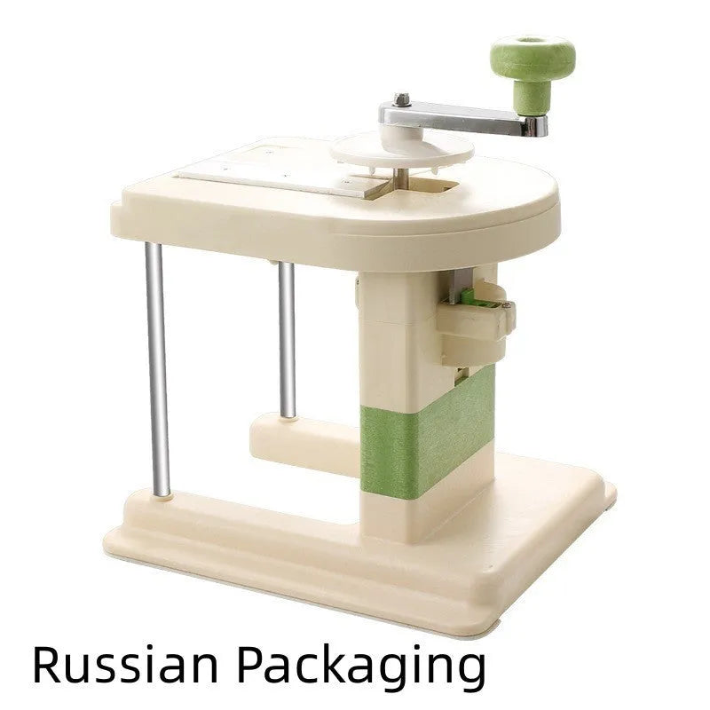 Beige multifunctional vegetable slicer chopper with stainless steel blades on a kitchen counter