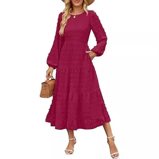 Beige women's long sleeve casual dress with round neck, ruffled sleeves, and a high waist.