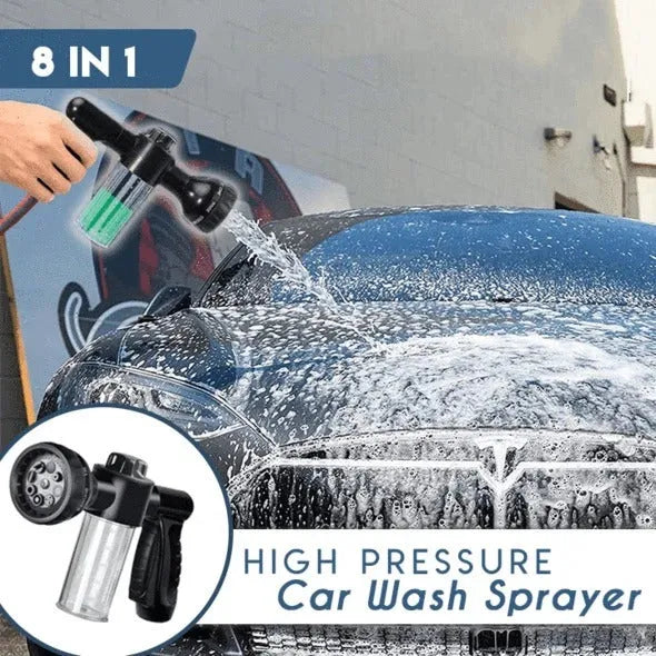 Green high-pressure foam spray gun with adjustable nozzle showing eight spray pattern settings