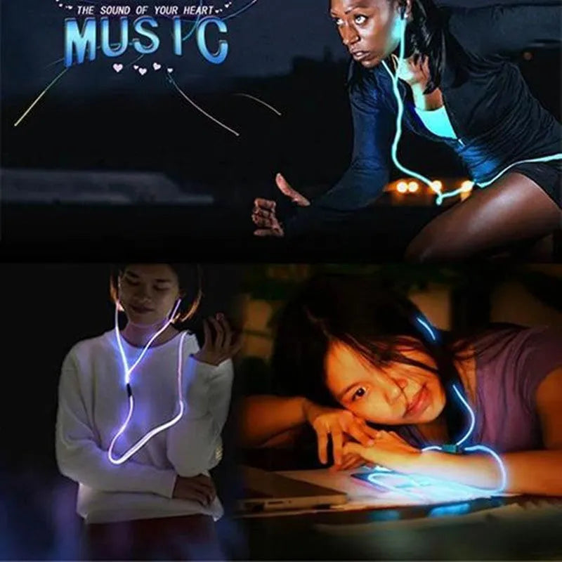 Blue LED light up earphones with glowing EL lines, 3.5mm plug and remote control.