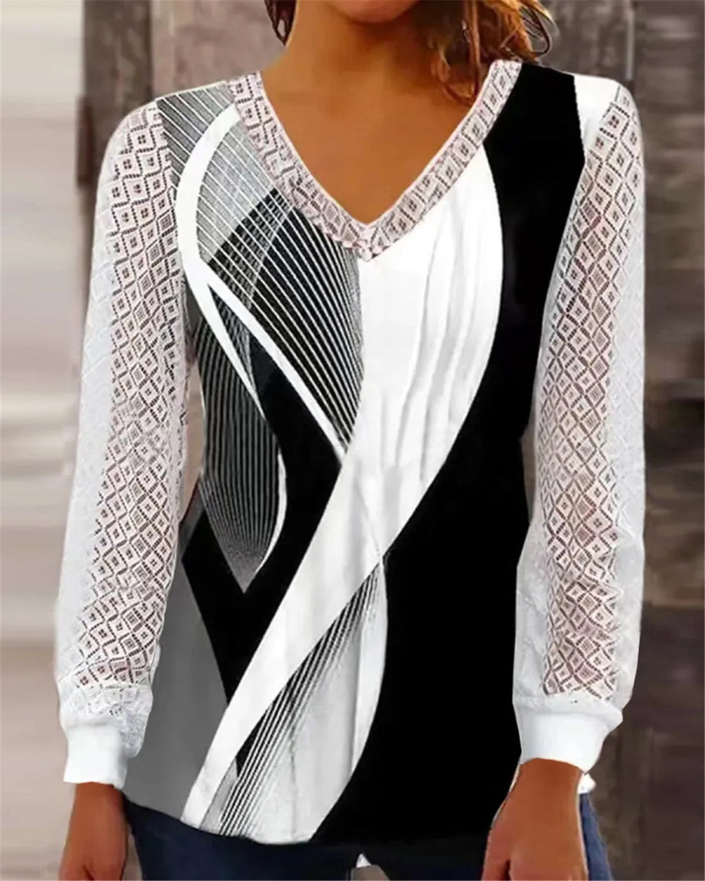 V-neck loose print hollow-out lace top for women, long sleeve pullover, purple colour, medium length 65cm