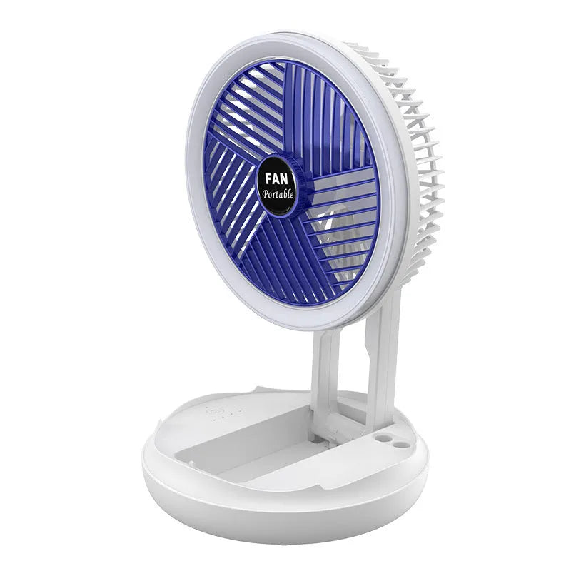 USB charging foldable table fan with LED light and 300-degree rotation on a desk