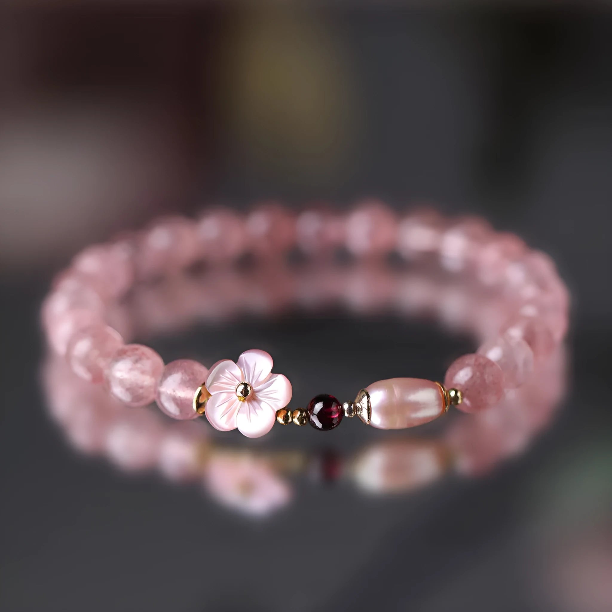 Women's strawberry quartz peach blossom bracelet with natural crystal flower beads