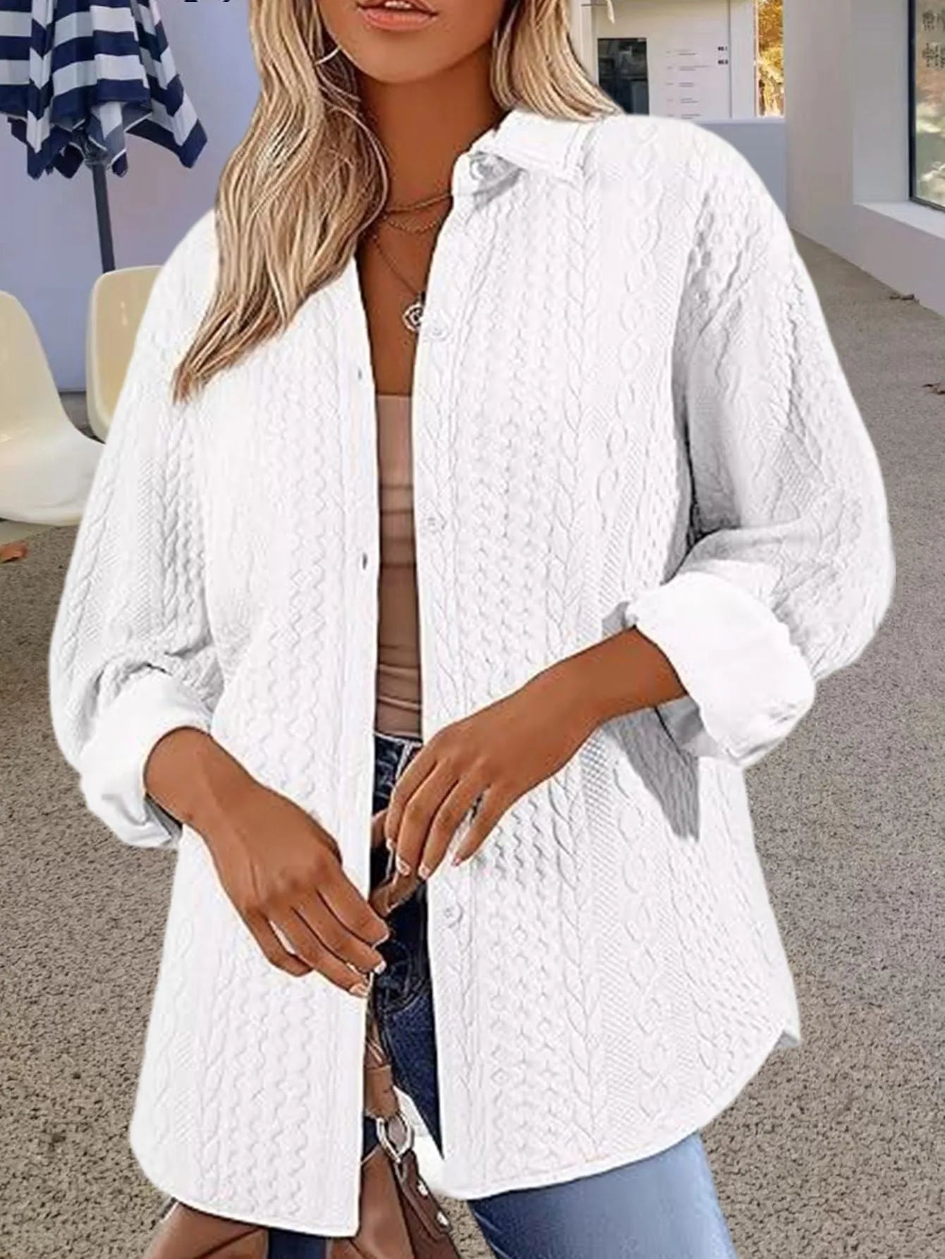 Women's solid colour cardigan sweater in knitted polyester fabric shown in black, white and khaki options