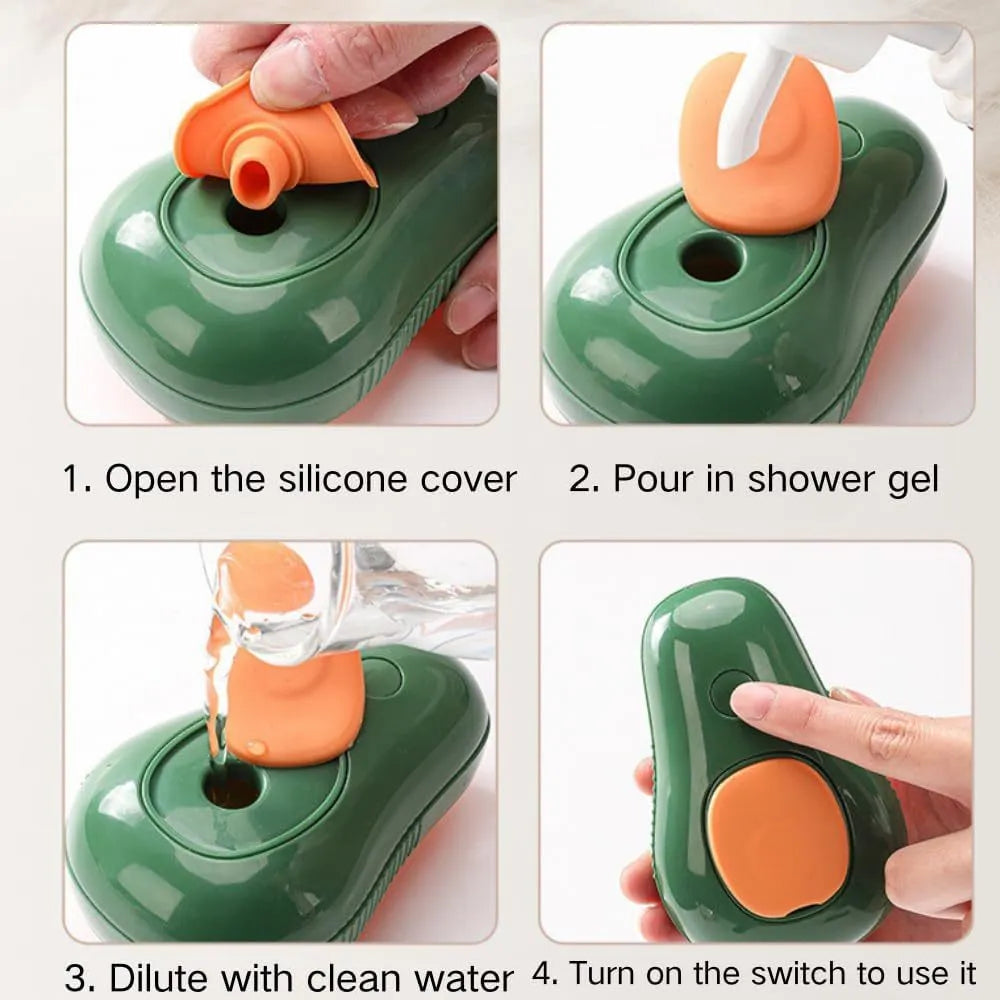 Green and white rechargeable cat steam brush with silicone bristles and water spray nozzle.