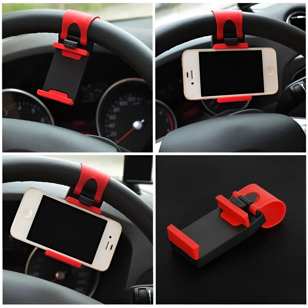 Black universal car steering wheel clip mount holder with smartphone for GPS navigation